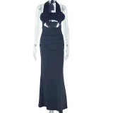 3D Flower Halterneck Solid Color Maxi Dress GJYO-301730