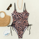 Leopard Print Tie Up One Piece Swimsuit GCAY-Y92