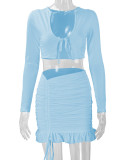 Ruffles Tie Up Tops Drawstring Skirt Two Piece Set YMYF-0905