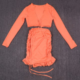 Ruffles Tie Up Tops Drawstring Skirt Two Piece Set YMYF-0905