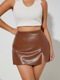 Solid Color PU Leather Split Culottes  ANDF-7923