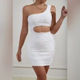 Water Ripple Off Shoulder Sexy Mini Dress YMYF-9264