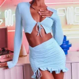 Ruffles Tie Up Tops Drawstring Skirt Two Piece Set YMYF-0905