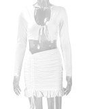 Ruffles Tie Up Tops Drawstring Skirt Two Piece Set YMYF-0905