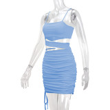Solid Color Sling Hollow Out Ruched Mini Dress YMYF-9262