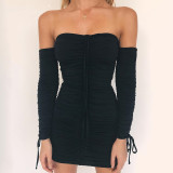 Off Shoulder Long Sleeve Pleated Mini Dress YMYF-0902