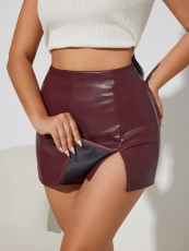 Solid Color PU Leather Split Culottes  ANDF-7923
