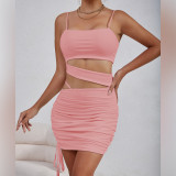 Solid Color Sling Hollow Out Ruched Mini Dress YMYF-9262
