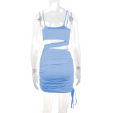 Solid Color Sling Hollow Out Ruched Mini Dress YMYF-9262