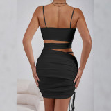 Solid Color Sling Hollow Out Ruched Mini Dress YMYF-9262