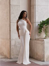 Slash Shoulder Backless Pleated Maxi Dress SFY-834