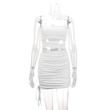 Solid Color Sling Hollow Out Ruched Mini Dress YMYF-9262