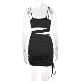 Solid Color Sling Hollow Out Ruched Mini Dress YMYF-9262