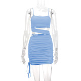 Solid Color Sling Hollow Out Ruched Mini Dress YMYF-9262