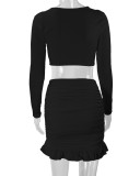 Ruffles Tie Up Tops Drawstring Skirt Two Piece Set YMYF-0905