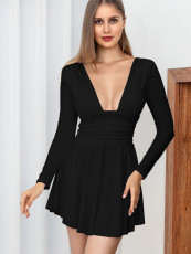 Deep V Neck Long Sleeve Mini Dress YMYF-8901