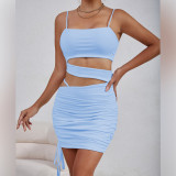 Solid Color Sling Hollow Out Ruched Mini Dress YMYF-9262