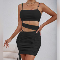 Solid Color Sling Hollow Out Ruched Mini Dress YMYF-9262