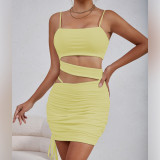 Solid Color Sling Hollow Out Ruched Mini Dress YMYF-9262