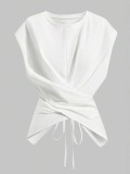 Solid Color Short Sleeve Tie Up T Shirts WAF-77888