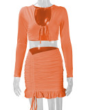 Ruffles Tie Up Tops Drawstring Skirt Two Piece Set YMYF-0905