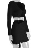 Ruffles Tie Up Tops Drawstring Skirt Two Piece Set YMYF-0905