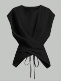 Solid Color Short Sleeve Tie Up T Shirts WAF-77888