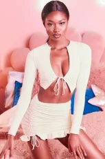 Ruffles Tie Up Tops Drawstring Skirt Two Piece Set YMYF-0905
