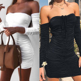 Off Shoulder Long Sleeve Pleated Mini Dress YMYF-0902