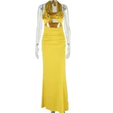 3D Flower Halterneck Solid Color Maxi Dress GJYO-301730