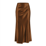 Solid Color Satin Long Skirt ANDF-8140