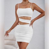 Solid Color Sling Hollow Out Ruched Mini Dress YMYF-9262