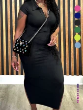 Plus Size Short Sleeve Solid Color Knits Midi Dress ZDF-31705