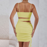 Solid Color Sling Hollow Out Ruched Mini Dress YMYF-9262