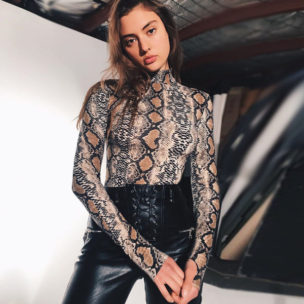 Long Sleeve Snake Print Bodysuit GZJF-1243