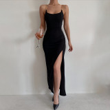 Solid Color Chain Sling Split Maxi Dress GZJF-7854