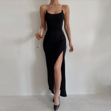 Solid Color Chain Sling Split Maxi Dress GZJF-7854
