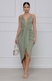 Solid Color Sling V Neck Midi Dress XHXF-257