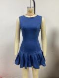 Sleeveless Slim Denim Pleated Mini Dress GYAN-89145