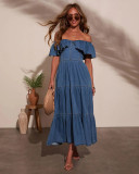 Off Shoulder Ruffles Denim Maxi Dress GYAN-89112