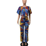 Short Sleeve Print Top Wide Leg Pants 2 Piece Set XHXF-8580