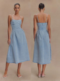 Solid Color Sleeveless Denim Sling Midi Dress GYAN-8906