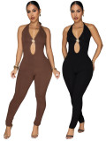 Solid Color Hollow Out Backless Jumpsuit FENF-6056