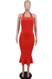 Solid Color Halterneck Casual Midi Dress XHXF-357