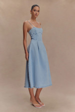 Solid Color Sleeveless Denim Sling Midi Dress GYAN-8906