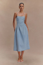 Solid Color Sleeveless Denim Sling Midi Dress GYAN-8906