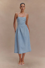 Solid Color Sleeveless Denim Sling Midi Dress GYAN-8906