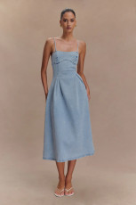Solid Color Sleeveless Denim Sling Midi Dress GYAN-8906