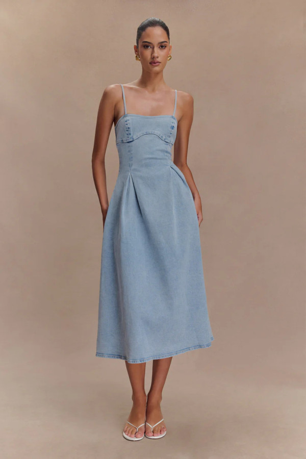 Solid Color Sleeveless Denim Sling Midi Dress GYAN-8906
