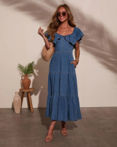 Off Shoulder Ruffles Denim Maxi Dress GYAN-89112